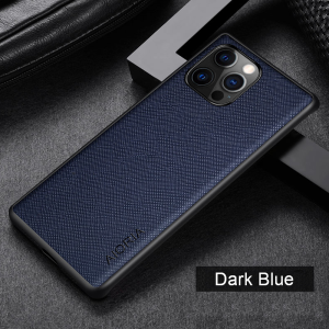 Aioria iPhone 13 Pro Max Cross Grain Leather Cover Case - Dark Blue MS000879